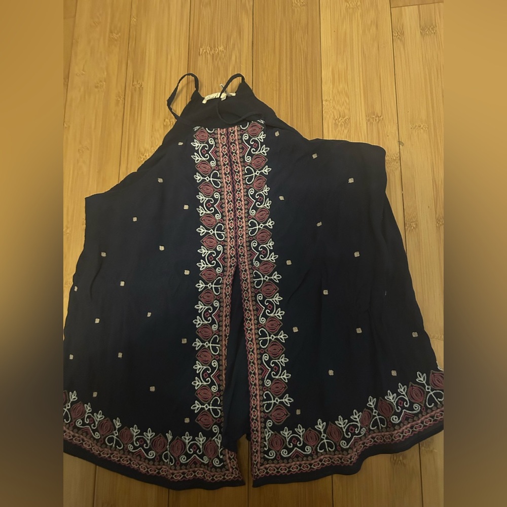 Anthropologie Navy and Pink Embroidered Tank Top